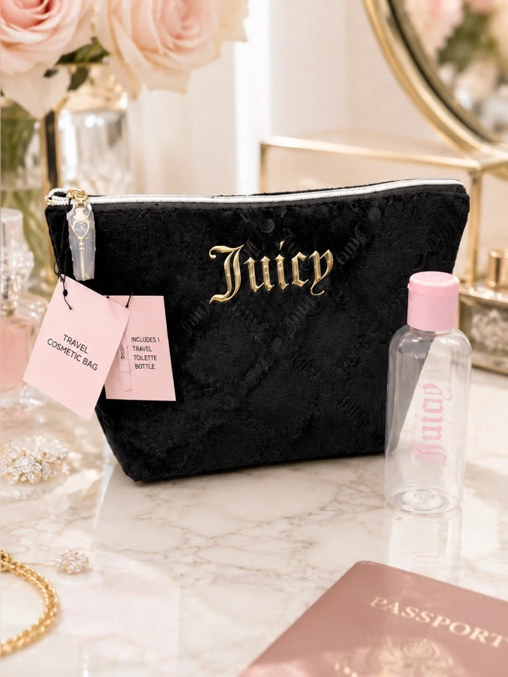 Juicy Couture Black Velour Gold Logo Makeup Bag + Travel Bottle NWT